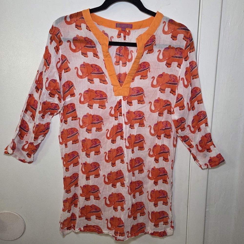 MacBeth Collection Elephant Print Tunic Top Boho Indie‎ Cotton Orange Sheer S M